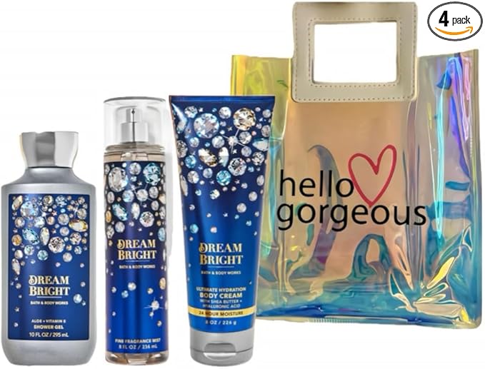 Bath & Body Works - 3 Piece Bundle - Spray - Body Cream - Shower Gel - Full Size and Gift Bag HELLO GORGEOUS (Dream Bright)