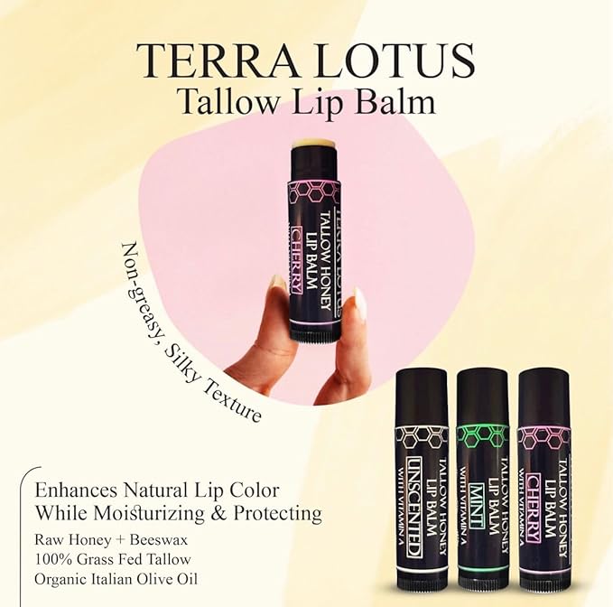 Tallow Lip Balm (3 Pack) - Hydrating With Organic Italian Olive Oil, Pure Grass Fed Tallow, and Beeswax - Long Lasting Lip Therapy (Mint)