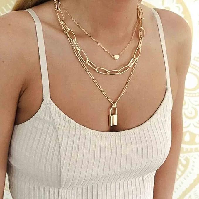 Punk Layered Heart Choker Necklace Gold Lock Pendant Necklace Chunky Paper Clip Chain Necklace Vintage Statement Necklace Chain Jewelry for Women and Girls Gift