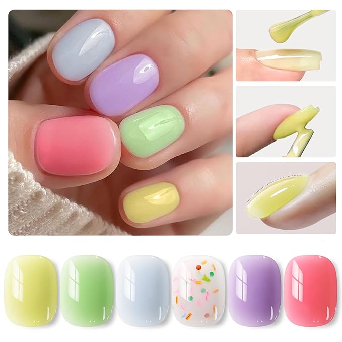 Born Pretty Jelly Pastel Gel Nail Polish 6 Colors Spring Summer Yellow Green Blue Purple Pink Candy Sweet Colors Apex Building Effect Gel Polish Kit Nail Art Gel Manicure Kit DIY at Home Salon Gifts