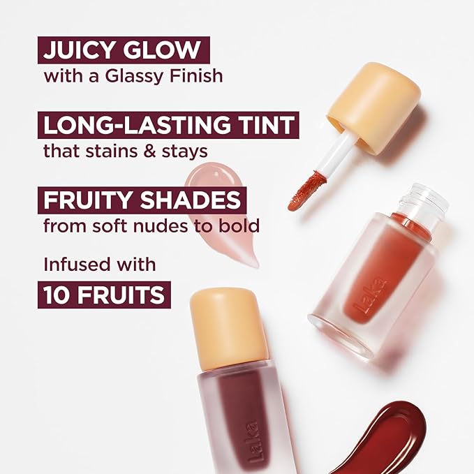 Laka Fruity Glam Lip Tint Mini, Glowing Lip Stain with Wide Color Spectrum, Hydrating & Lightweight Texture, Long-Lasting Bold Stain, Non-Sticky, Vegan, K-Beauty (#113 Pleasure)