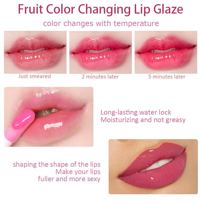 BINGBRUSH 3 Pcs Fruity Color Changing Lip Gloss for Girls, Pink Magic Mood Lip Oil Tinted, Temperature Color Change Lip Stain Lip Balm, Longlasting Lips Will Not Dry Out