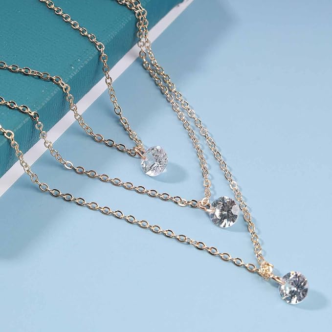 Boho Layered Crystal Necklace Choker Gold Bezel Pendant Necklace Multi Layering Vintage Necklace Chain Cz Bridal Necklace Chain Jewelry for Women and Girls