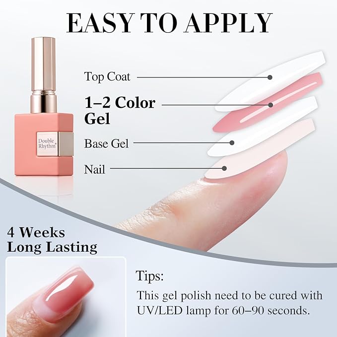 Double Rhythm 0.5Oz Translucent Gel Polish Sheer Neutral Natural Light Milky Same Color Same Bottle 15ML Jelly Gel Polish Art DIY at Home (Pink Rose-A1382)