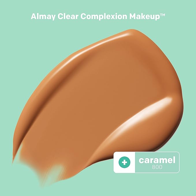Almay Clear Complexion Acne Foundation Makeup with Salicylic Acid - Lightweight, Medium Coverage, Hypoallergenic, Fragrance-Free, for Sensitive Skin, 800 Caramel, 1 fl oz.
