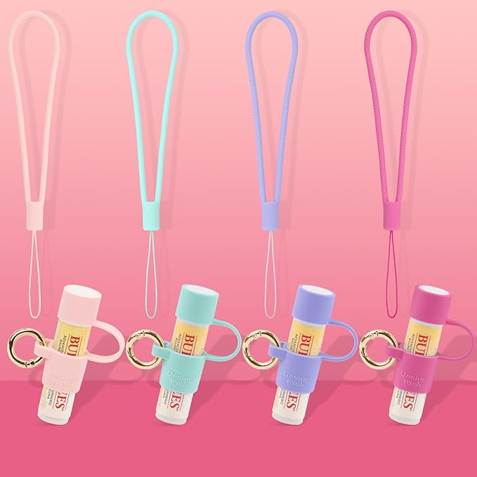 Desing Wish Silicone Lip Balm Holder with Cap Cover Portable Chapstick Holder Keychain Sleeve Lip Balm Key Chain with Key Ring and Wrist Strap Lanyard - Rose