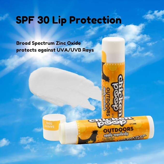 Chicken Poop Lip Balm Simone Chickenbone 100% Natural Moisturizer for Dry, Chapped Lips, Combo (Original, Mint, Outdoors with SPF 30, Coconut), 4 Pack