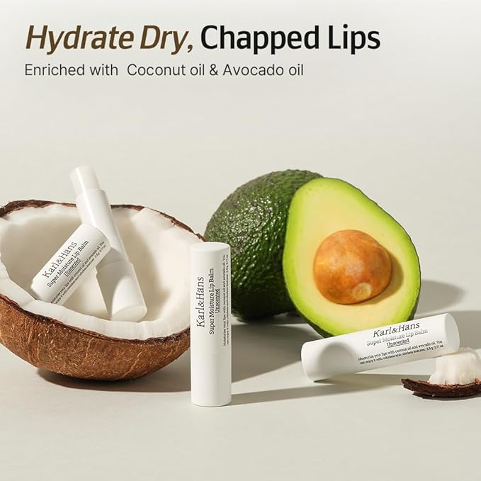 Karl&Hans Super Moisturizing Lip Balm - Unscented with Coconut & Avocado Oil for Lip Repair and Care, Soothes and Hydrates Dry Lips with Natural and Nourishing Formula - 1 Count