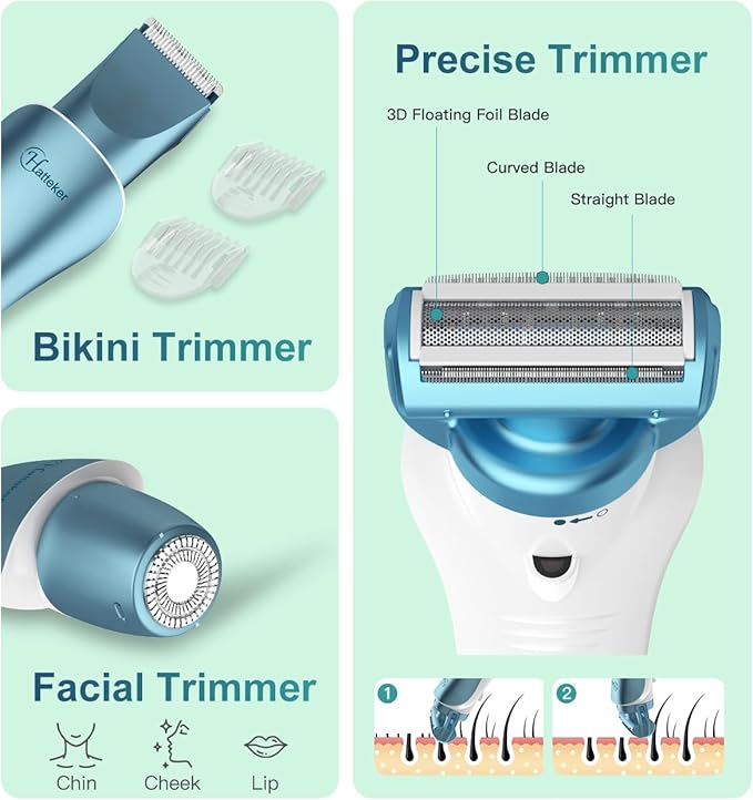 Hatteker Women's Electric Shaver Bikini Trimmer Hair Trimmer for Women Electric Razor for Legs Bikini Underarm Public Hairs Led Display IPX7 Waterproof Gift for Women (Blue)