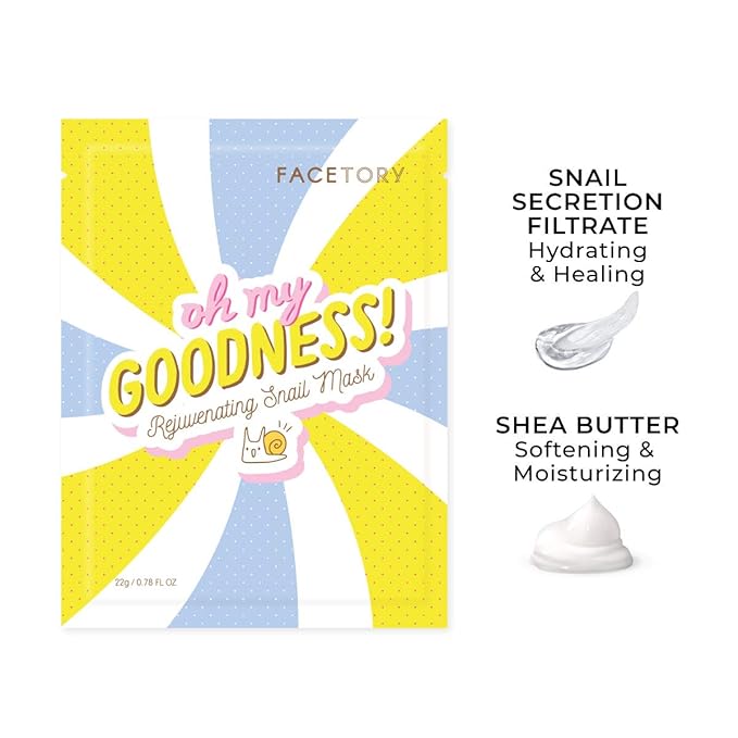 FACETORY K Beauty Face Mask Skin Care - OH MY GOODNESS REJUVENATING SNAIL Sheet Mask with Snail Essence & Hyaluronic Acid | Seal in Moisture (5 Pack)