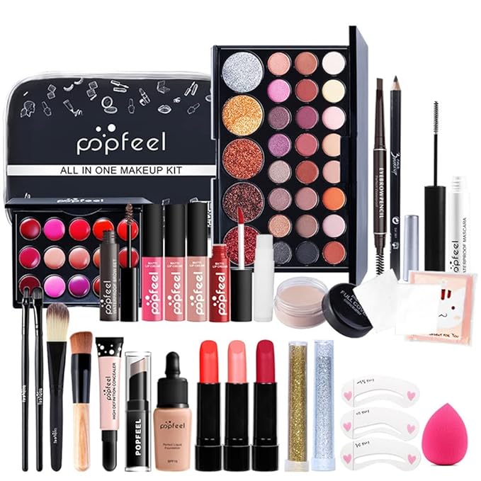 All In One Makeup Kit for Women Full Gift Surprise Makeup Set Includes Makeup Brush Set Eyeshadow Palette, Lip Gloss Set, Liquid Lipstick, Makeup Sponge, Foundation, Concealer, Eyebrow Pencil, Blush and etc (KIT004)