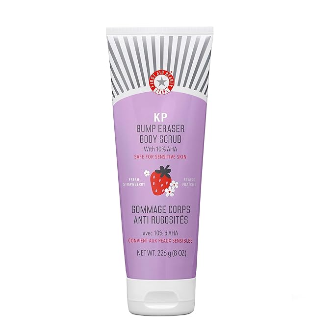 First Aid Beauty - KP Bump Eraser Body Scrub with 10% AHA, Keratosis Pilaris Exfoliator with Glycolic and Lactic acids, Helps Reduce Chicken Skin Bumps, Safe for Sensitive Skin, Strawberry Scent, 8 oz