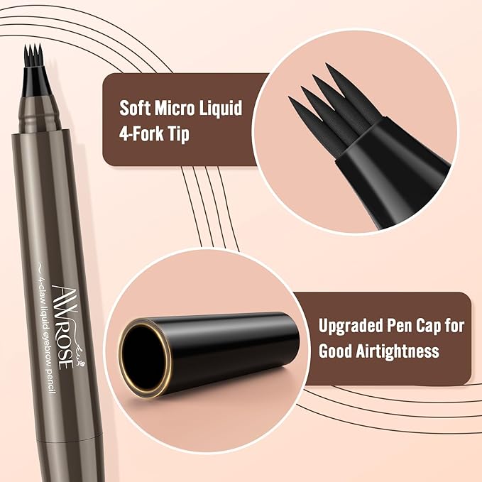 AWROSE Eyebrow Pencil, 3D Waterproof Microblading Eyebrow Pen 4 Fork Tip Tattoo Pencil, Precise Natural Brow Magic Eyebrow Pencil with Hair Like Strokes, 4 Points Multi-Used Eye Brow Pencils for Women