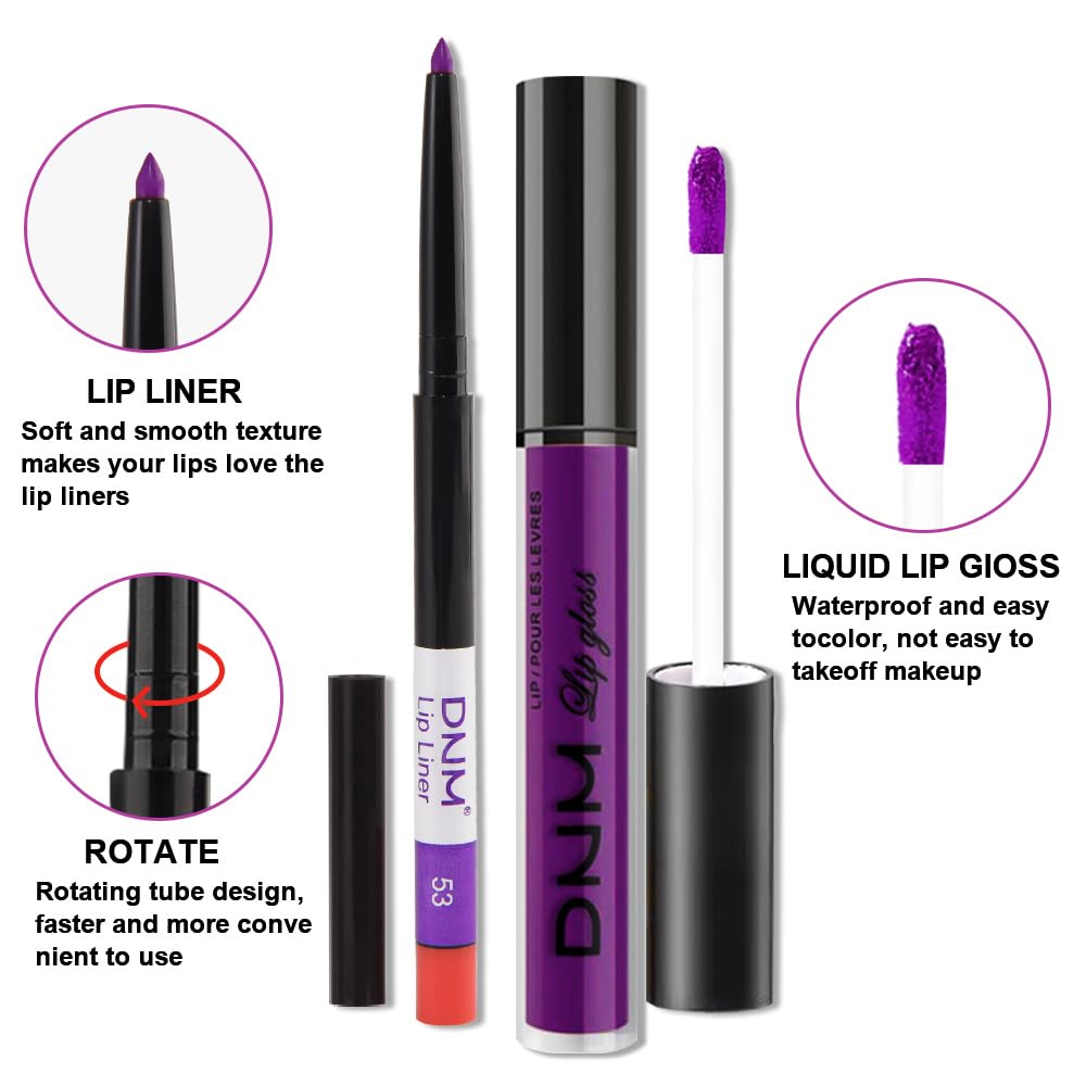 evpct 2Pcs Lavender Purple Matte Liquid Lipstick Lip Gloss Stain and Retractable Lip Liner Makeup Set for Women Long Lasting Waterproof 24 Hours Lipstick labial mate larga duracion 24 53#