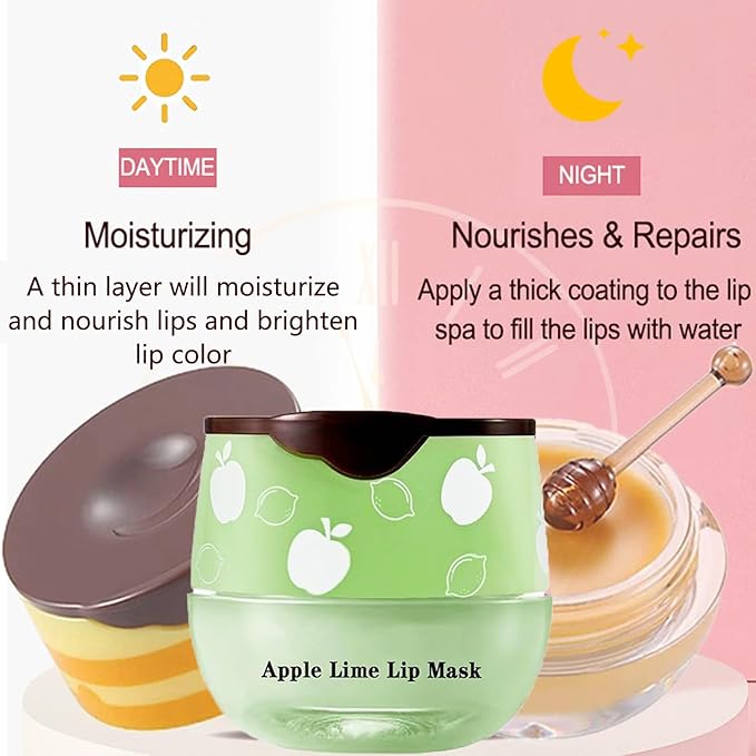 1PCS Lip Balm Honey Pot,Honey/Apple Lime Lip Mask Overnight Moisturizing Lip Balm,Hydrating Prevention Dry & Cracked Lip Exfoliator Lip Wrinkle Care Sleeping Lip Mask (Apple Lime)