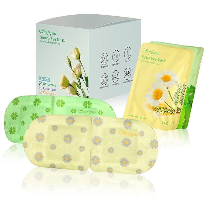 Serfeymi 22 Packs Steam Eye Masks Self Heating Warm Eye Mask, Disposable Eye SPA Heated Eye Mask for Sleeping, Relieve Eye Fatigue, Gifts Mother's Day -Unscented(11PCS)+ Chamomile(11PCS)
