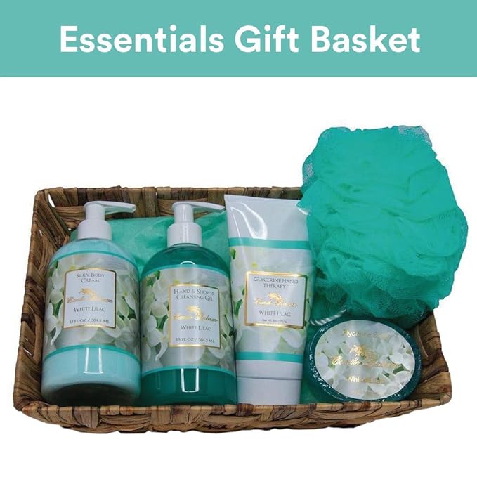 Camille Beckman Essentials Gift Basket, White Lilac, Glycerine Hand Therapy 6 oz, Silky Body Cream 13 oz, Hand and Shower Cleansing Gel 13 oz, Glycerine Soap 3.5 oz