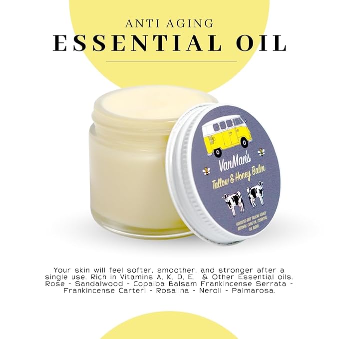 Vanman's Tallow and Honey Balm (2 Pack) - Tallow Face Moisturizer with Pure Grass-Fed/Finished Beef Tallow for Skin and Essential Oils, Organic Raw Honey and Beeswax, Cold Pressed Olive Oil - 2.5 oz