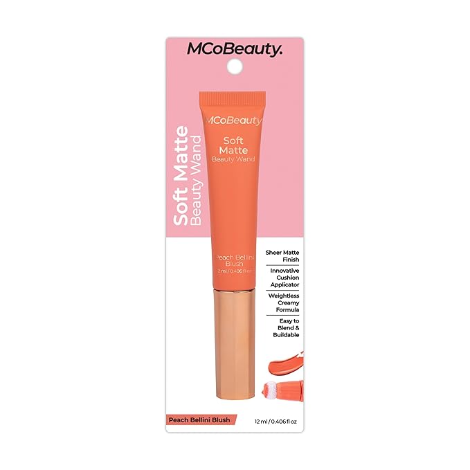 MCoBeauty Soft Matte Beauty Wand, Peach Bellini Blush, Velvety Finish of Buildable Color, Vegan, Cruelty Free Cosmetics