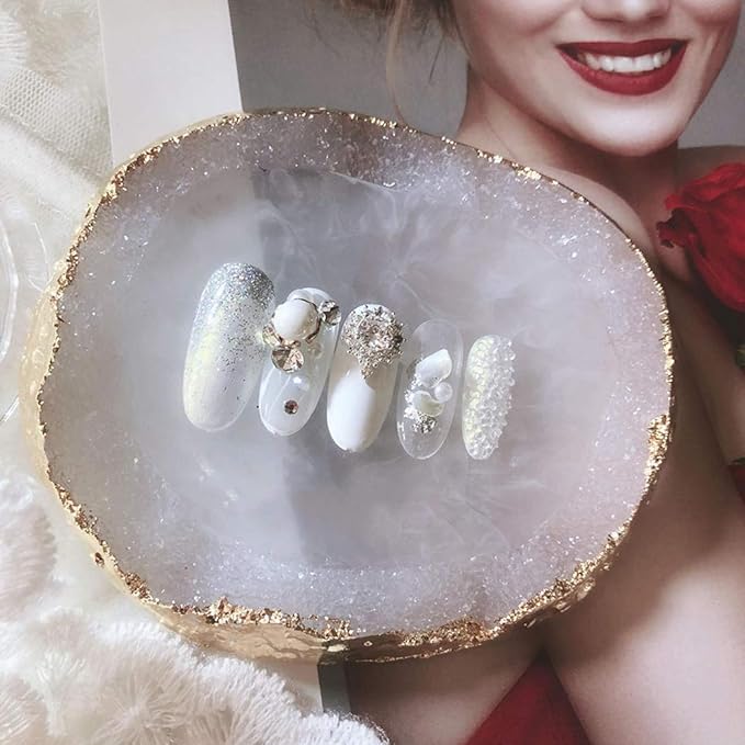 MISUD Resin Nail Art Palette, Nail Polish Drawing Color Dish Golden Edge Resin Stone Paint Drawing Color Dish Manicure Nail DIY Tool (White)