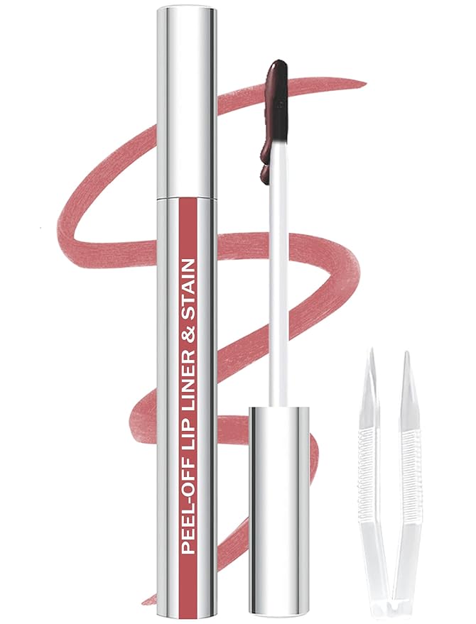 Lip Stain Peel Off Lip Liner Stain with Tweezer, Long Lasting Matte Lip Tint Tattoo, Highly Pigmented Color Lip Makeup, Waterproof Lipstick, Transfer-proof Lipstain for Women, Nude Pink