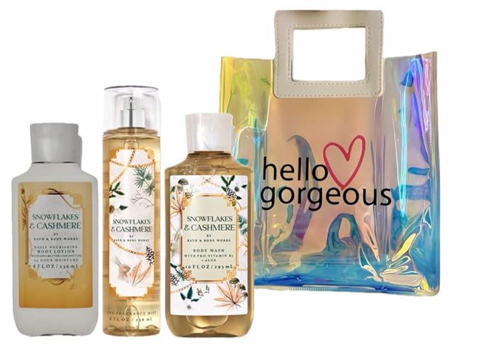 Bath & Body Works - Snowflakes & Cashmere - 3 Piece Bundle - Spray - Lotion Body - Shower Gel - Full Size and Hello Gorgeous Gift Bag.