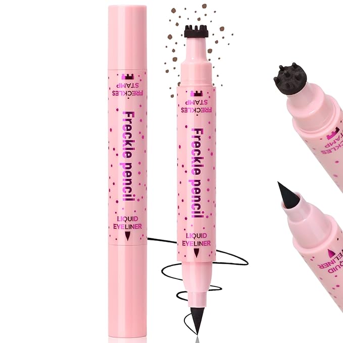 Freckle Stamp with Eyeliner Pen 2 in 1 for Natural Lifelike Faux Freckle Waterproof Fake Freckles Stain Marker for Sunkissed Makeup #Brown&Black