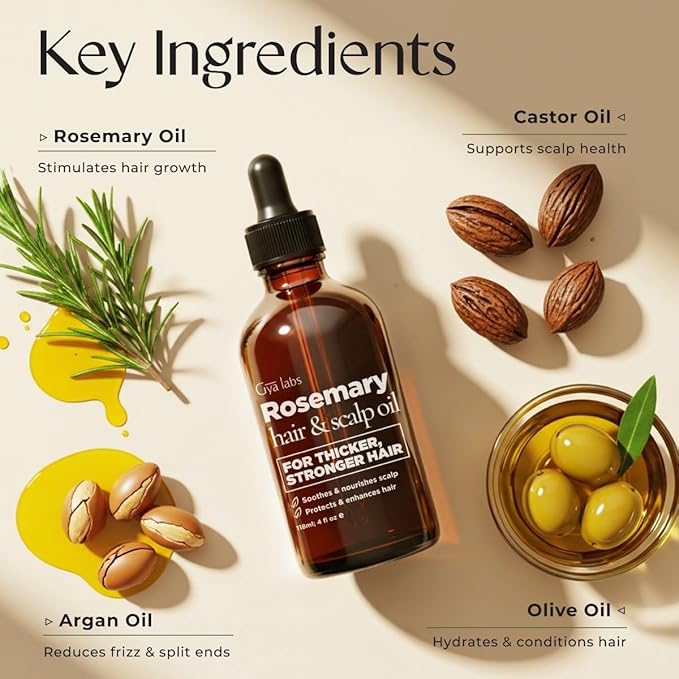 Gya Labs Rosemary & Castor Hair Growth & Styling Oil - 4 Fl Oz - Rosemary to Strengthen Hair - Protect & Tame Frizz, Dry Scalp - Hair & Scalp Hydration with 0.17 Fl Oz Deep Revival Argan Oil