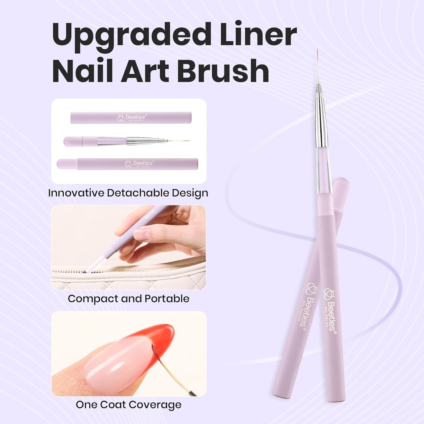 Beetles Nail Art Brushes, 1pcs Liner Brush Size 15mm Painting Art Design Manicure Pen Detachable Handle and Protect Cap Professional Nail Tools for Lines, Details, Fine Drawing