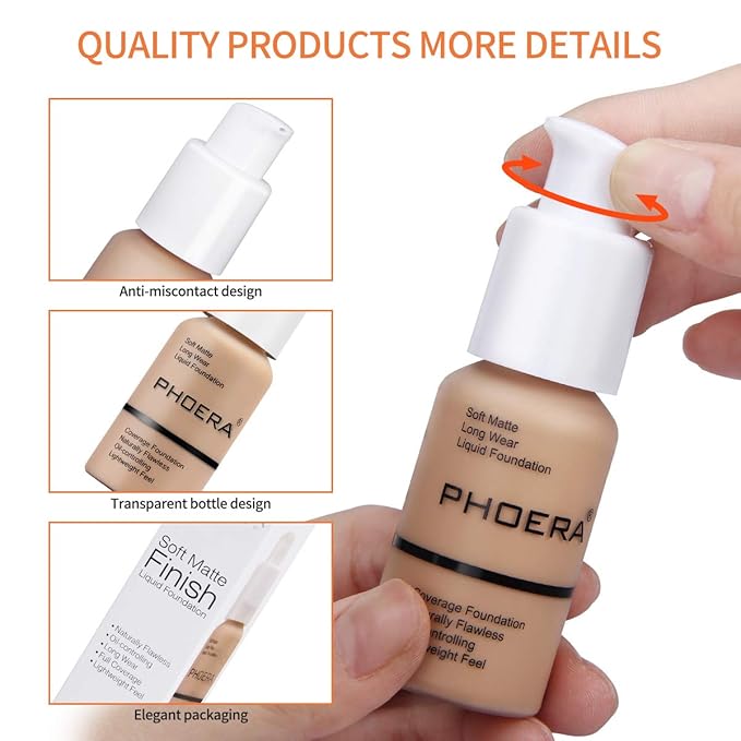 PHOERA Foundation Makeup Naturally Liquid Foundation Full Coverage Mattle Oil-Control Concealer 8 Colors Optional,Great Choice For Gift (2pcs,#101 Porcelain))