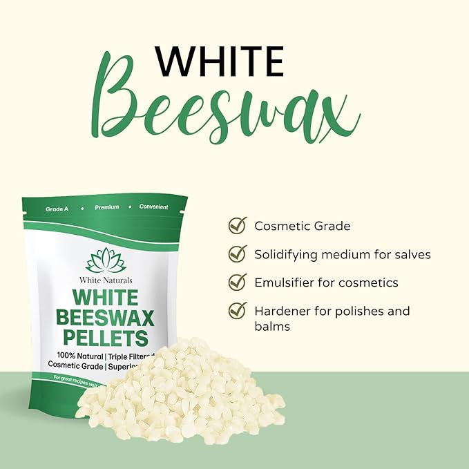 White Beeswax Pellets 8 oz, Pure, Natural, Cosmetic Grade, Bees Wax Pastilles, Triple Filtered, Great For DIY Lip Balms, Lotions, Candles By White Naturals