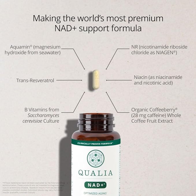 Qualia NAD Supplement — Clinically Proven to Boost NAD+ up to 67%. Optimized Aging, Energy, Focus. Elite NAD+ Ingredients: Nicotinamide Riboside (NIAGEN,) Niacin, Niacinamide (2 Month Supply)