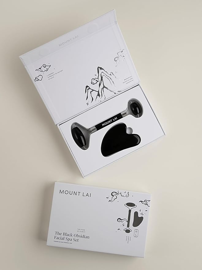 Mount Lai Obsidian Gua Sha Facial Tools, Black Obsidian Gua Sha Facial Tools Set and Roller, Guasha Tool for Face to Relieve Muscle Tension and Reduce Puffiness, Anti Aging Skin Care Sets for Women