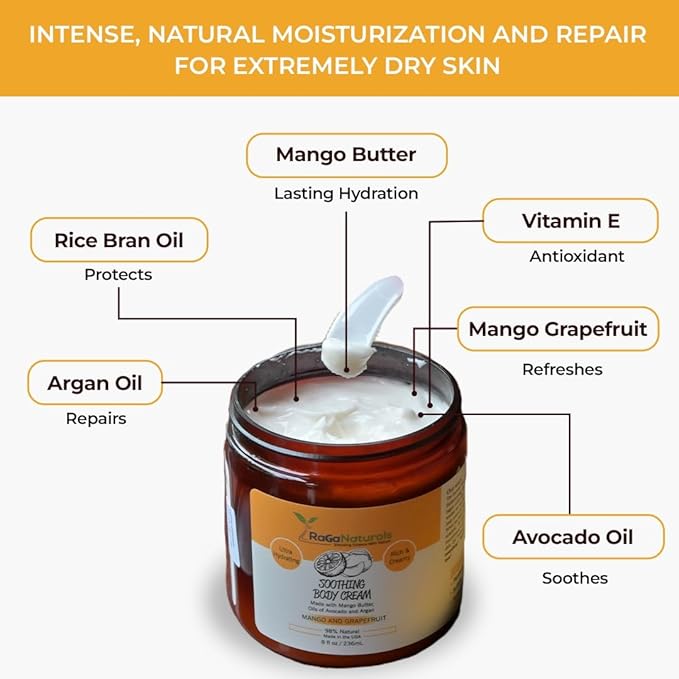 RaGaNaturals Natural Mango Butter Body Cream for Dry Skin for Women, Men - Tropical Plant-Based Hydrating Moisturizer with Avocado Oil and Vitamin E - Non-Greasy, Vegan, Cruelty-Free, Smell Good -8 Oz