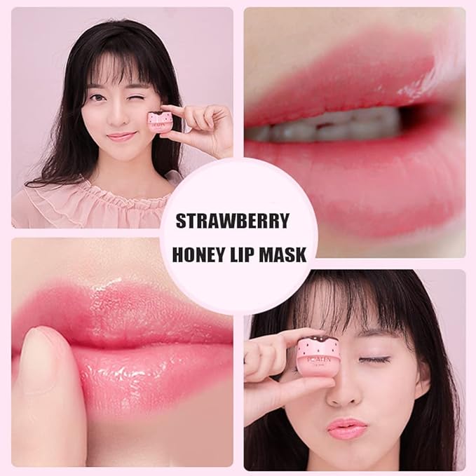 Bee Balm Lip Balm Honey Pot, 2 PCS Strawberry & Honey Lip Masks Hydrating Prevention Dry and Cracked Lip Scrubs Exfoliator