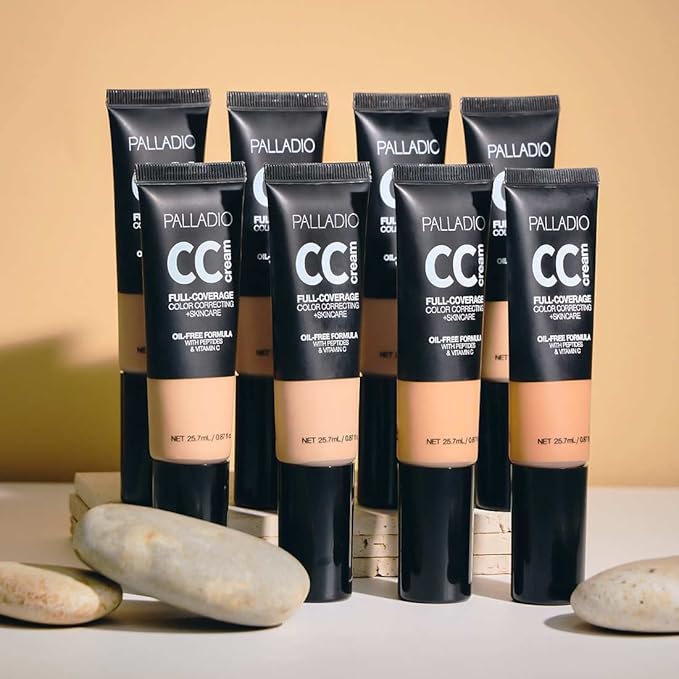 Palladio Full-Coverage Color Correction CC Cream, Oil-Free with Peptides & Vitamin C, Best for Correcting Redness and Uneven Skin Tone, Buildable Foundation Coverage (Fair 10C)