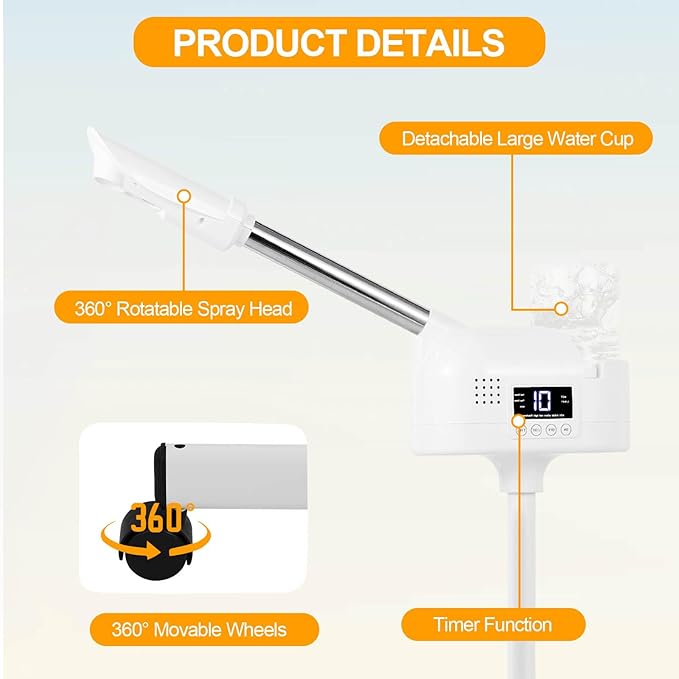Professional Facial Steamer, Facial Steamer with Hot Mist and Timer Function, Adjustable Height Face Steamer on Wheels with 360° Rotatable Nozzle and Touch Screen for Deep Hydration and Cleaning
