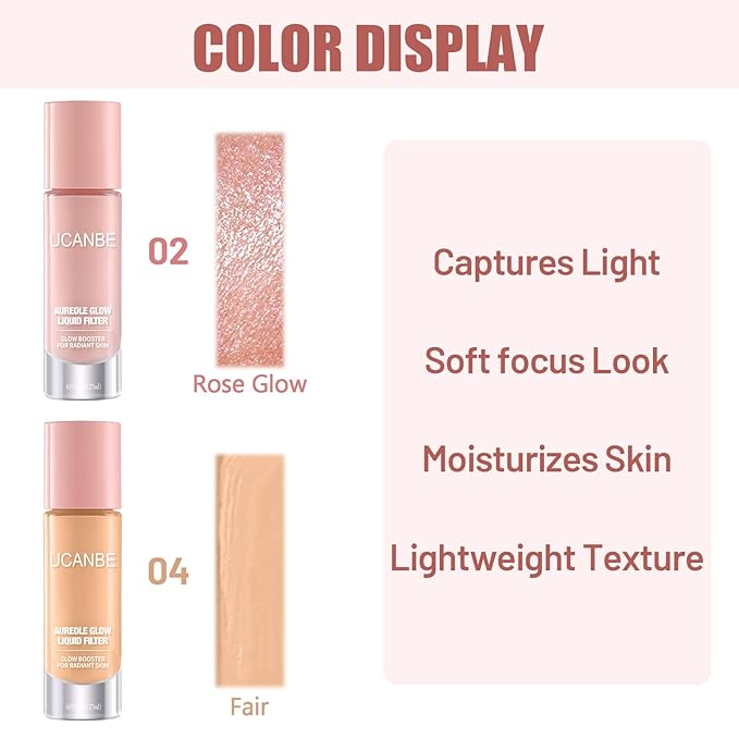 UCANBE 2PCS Halo Glow Liquid Filter, Rose Glow 0.91OZ + Fair Glow 0.91OZ, Face Complexion Booster For Radiant Skin All Day Longwear, Soft-Focus Look Sodium Hyaluronate Vegan & Cruelty-Free