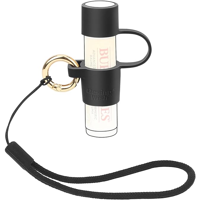 Desing Wish Silicone Lip Balm Holder with Cap Cover Portable Chapstick Holder Keychain Sleeve Lip Balm Key Chain with Key Ring and Wrist Strap Lanyard - Black