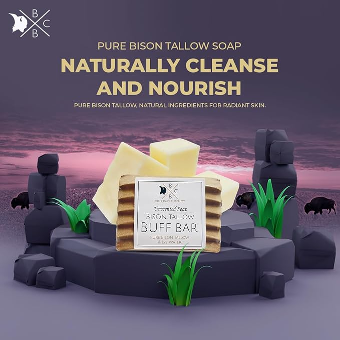 Pure Bison Tallow Unscented Gift Set - Buff Bar, Salve, & 3 Unscented Lip Balms - Cleans, Moisturizes, Soothes, Naturally Derived - No Dyes, Chemicals, Fragrances, or Preservatives