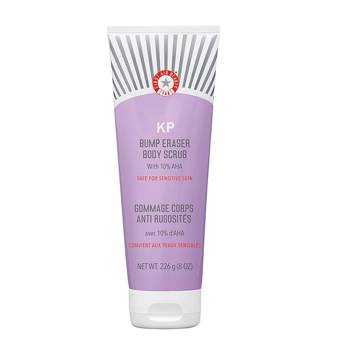 First Aid Beauty - KP Bump Eraser Body Scrub with 10% AHA, Keratosis Pilaris Skin Exfoliator with Glycolic and Lactic acids, Helps Reduce Chicken Skin Bumps, Safe for Sensitive Skin, 8 oz