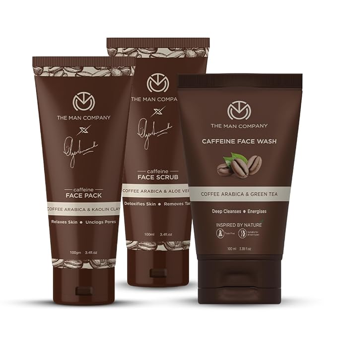 The Man Company Coffee Face Care Kit with Face Wash, Face Scrub, Face Pack | Cleanses, Detoxifies, Relaxes, Glowing and Brightening Skin - Pack of 3