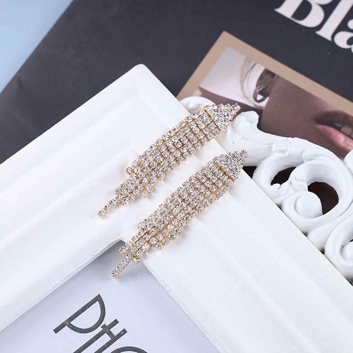 Vintage Rhinestone Chandelier Tassel Earrings Crystal Chain Drop Earrings Gold Long Tennis Chain Earrings Shine Chandelier Bridal Earrings Jewelry for Women