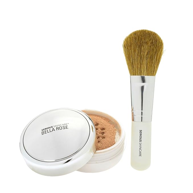Serious Skincare BELLA ROSE PRO-MINERALS Loose Mineral Powder Makeup Foundation SPF 15 with Application Brush - Lightweight - Buildable Coverage - Luminous Matte Finish - Talc Free - 0.50 oz  - Medium