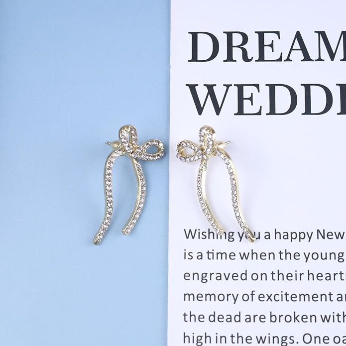 Vintage Crystal Bow Earrings Rhinestone Bow Drop Earrings Long Cz Rhinestone Earrings Gold Bow Cz Stud Earrings Jewelry for Women