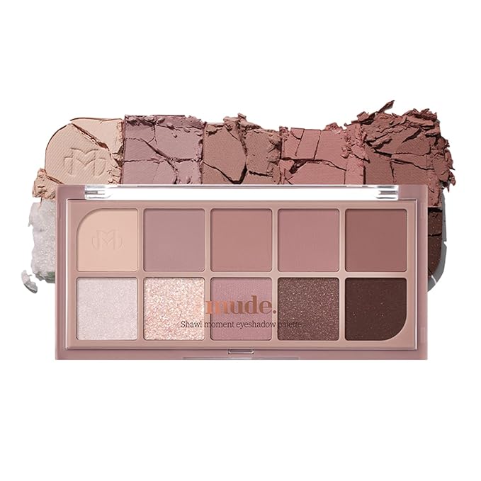 mude Shawl Moment Eyeshadow Palette Matte Shimmering Glitter Layering 10 Shades Highly Pigmented Blendable Color with Soft Texture Korean Makeup Eye Palette K-beauty