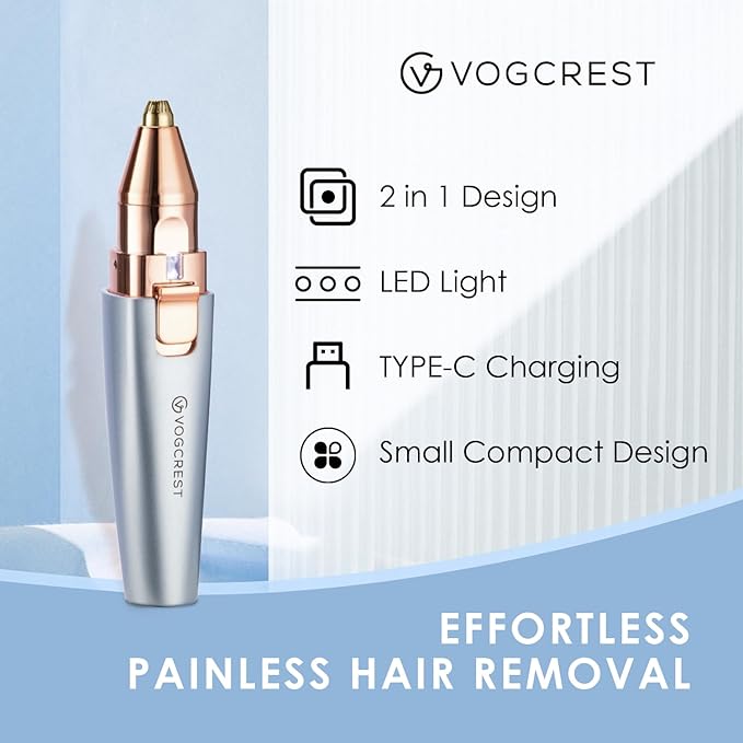 Eyebrow & Facial Trimmer: 2 in1 Rechargeable Facial Hair & Eyebrow Shaver - Painless LED Light (Sky Blue)