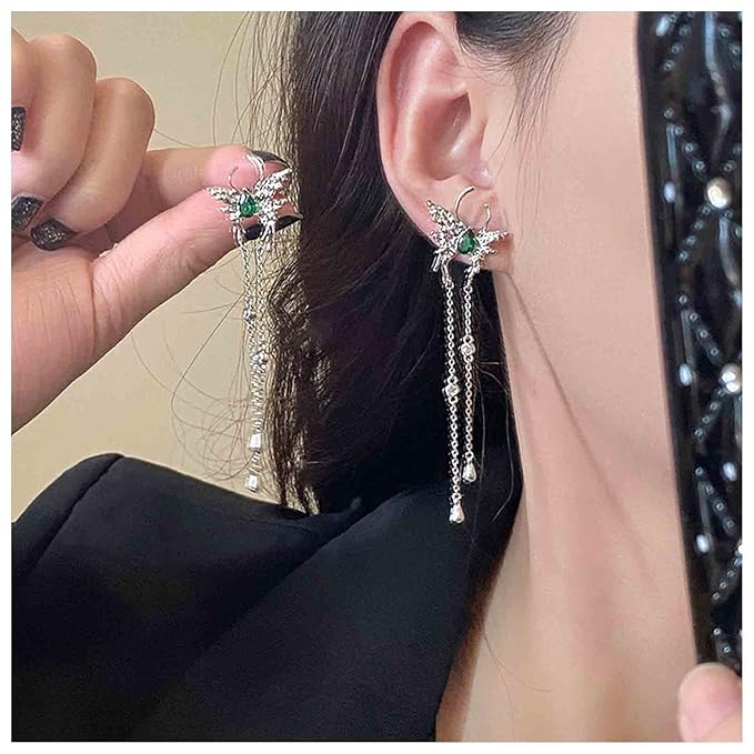 Vintage Emerald Butterfly Earrings Silver Chain Tassel Drop Earrings Butterfly Emerald Stud Earings Long Cz Chain Earrings Jewelry for Women and Girls