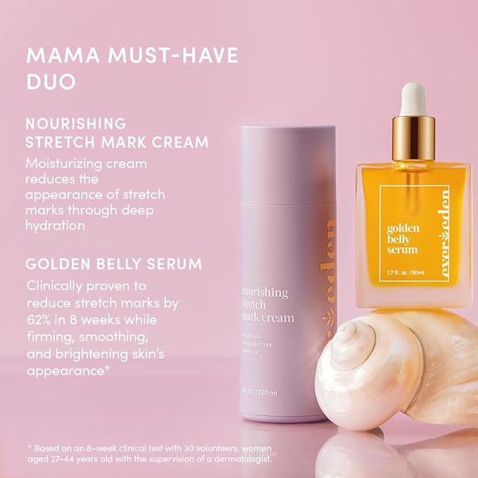Evereden Mama Must-Have DUO - Golden Belly Stretch Mark Oil & Nourishing Stretch Mark Cream - Dermatologist-Developed Clean & Vegan Maternity Skin Care for Stretch Mark Reduction & Skin Hydration
