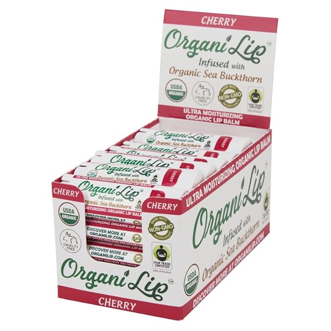Organic Lip Balm, Cherry Flavor, Ultra Hydrating Lip Moisturizer for Cracked or Dry Lips, Infused With Organic Sea Buckthorn, Oval Shaped Tube, USDA Certified Organic, 30 Pack